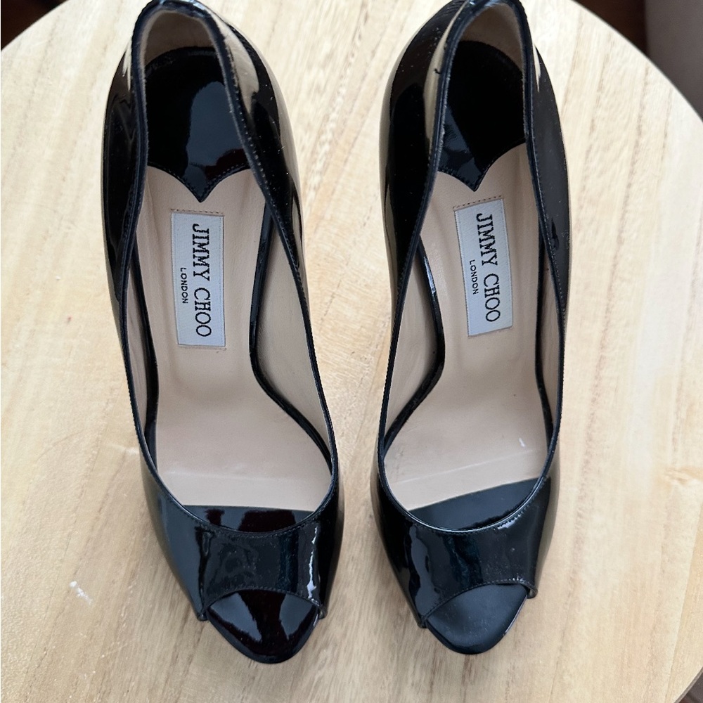 Jimmy Choo platform Glossy Black Peep-Toe Heels size 38.5